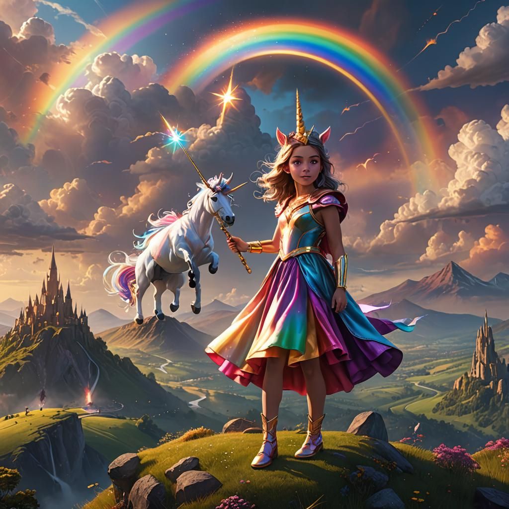 Rainbow Unicorn Superhero Casting Spell, Fantasy Art
