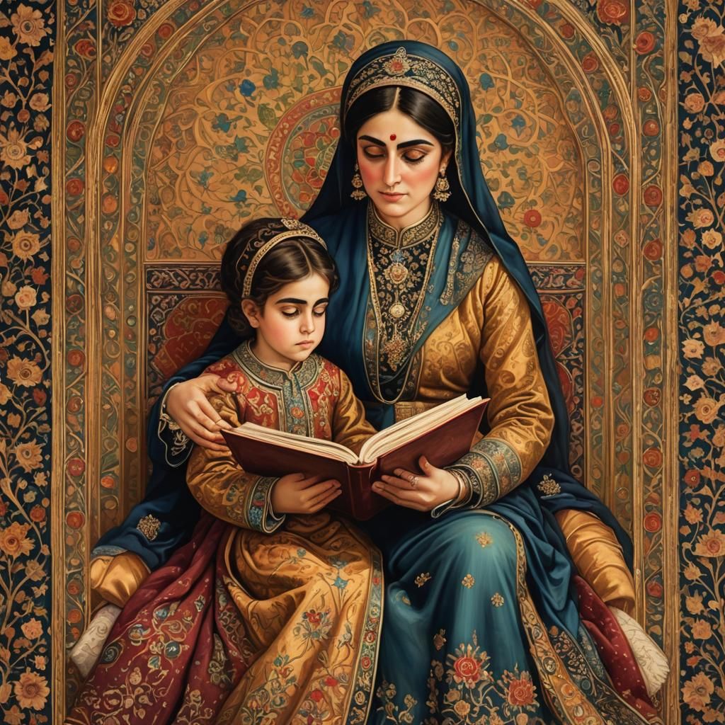 Woman Reading to Child in Persian Miniature Style