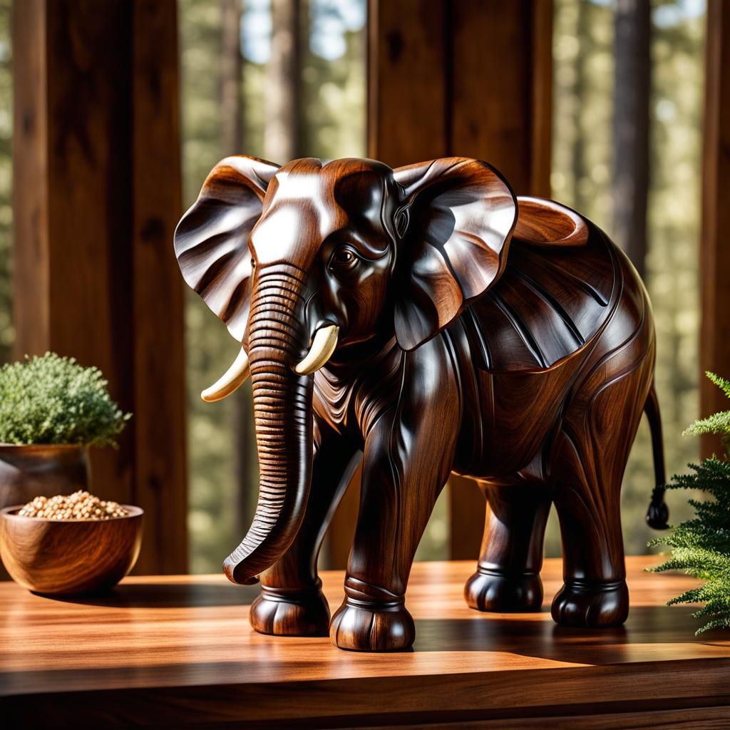 Majestic Wooden Elephant Carving in Sunlight