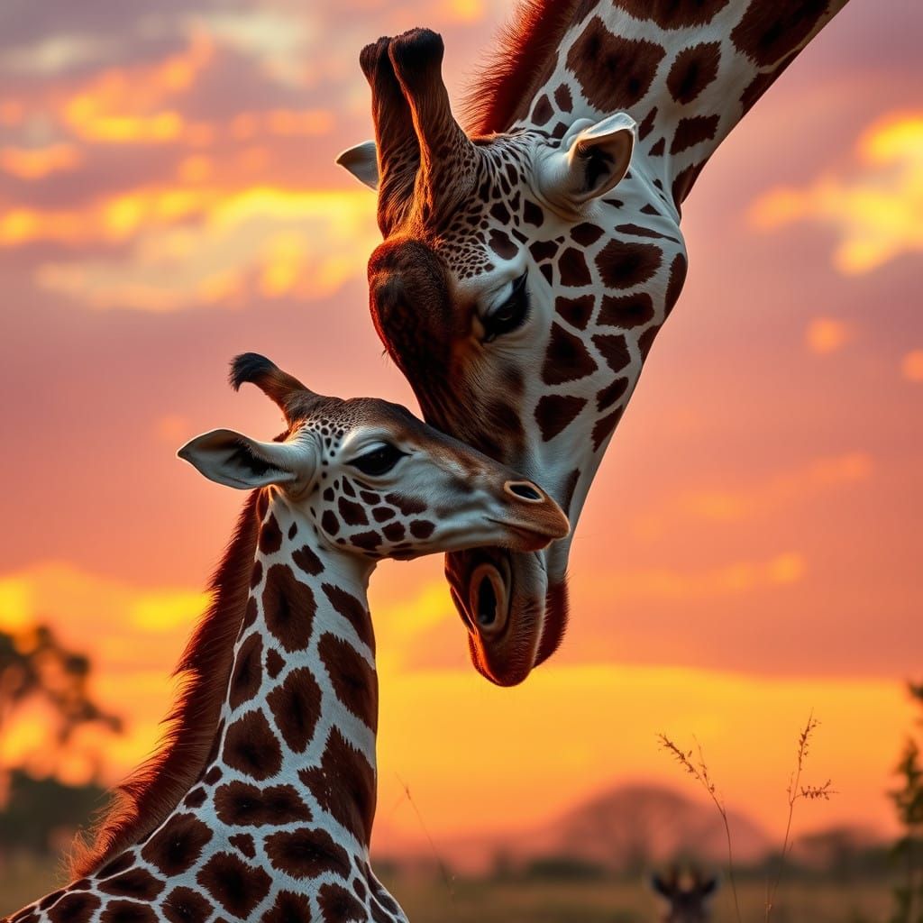 Mother's Tender Kiss in Sunset African Savannah