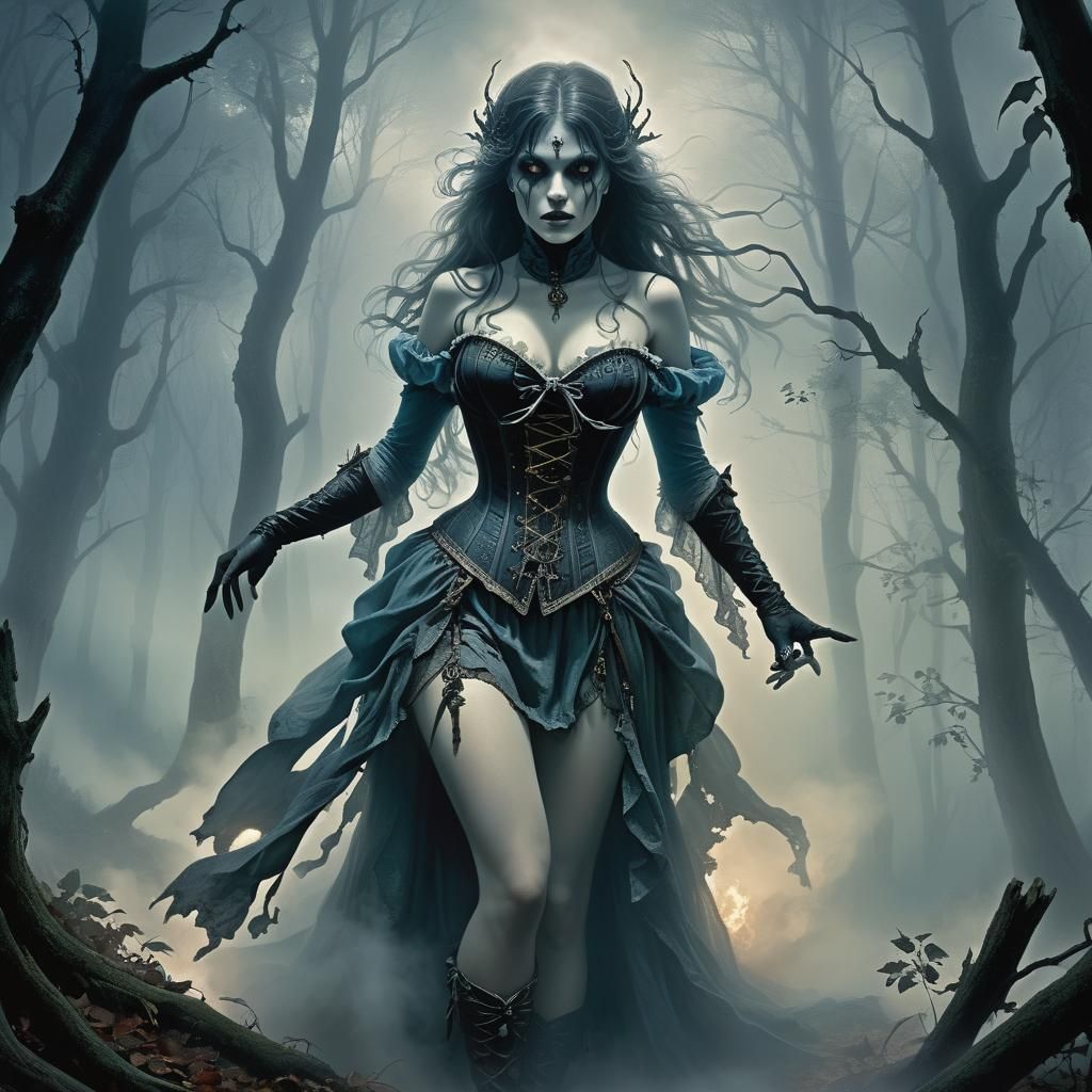 Eerie Sorceress in Mist-Shrouded Woods