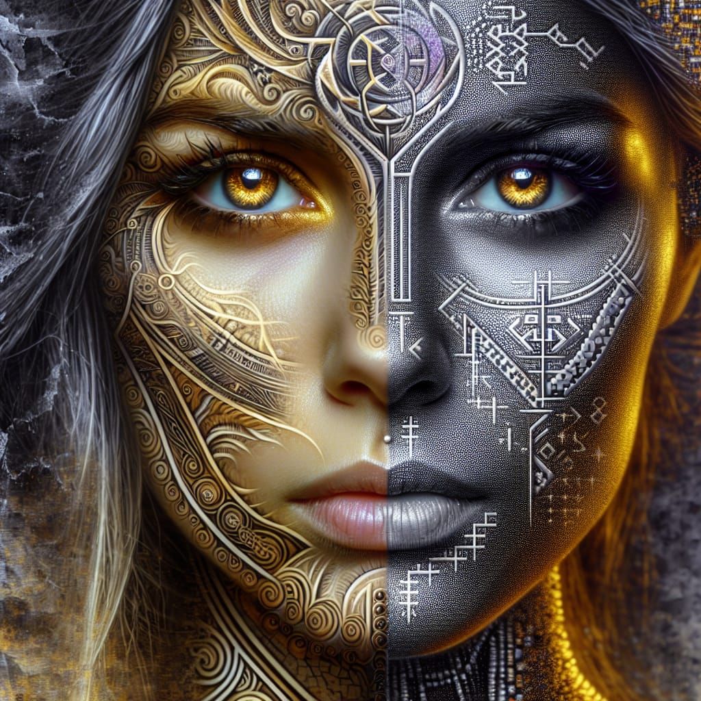 Scandinavian Woman Portrait with Pointillism and Runes