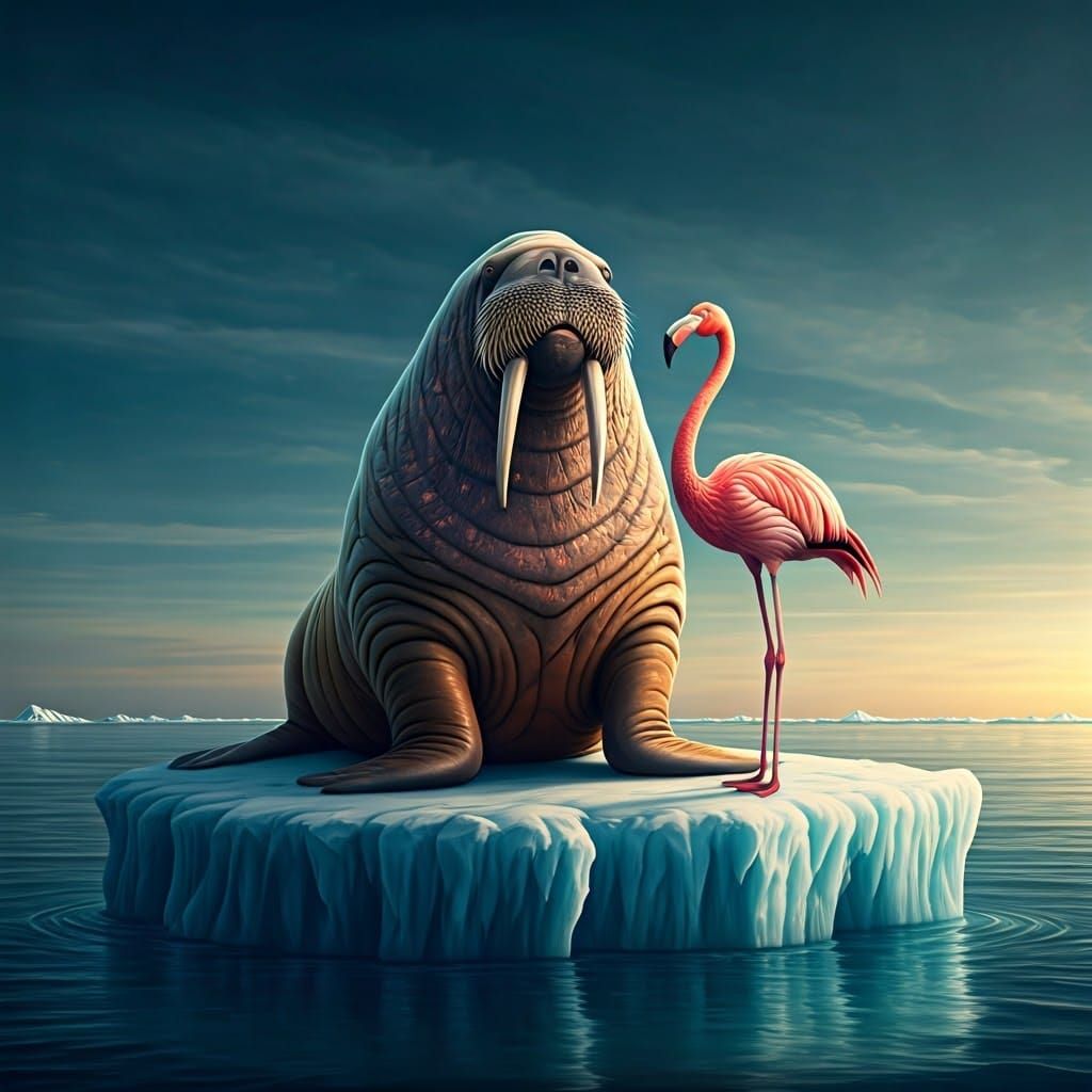 Walrus Toasts to Arctic Whimsy in Cyberpunk Dreamscape