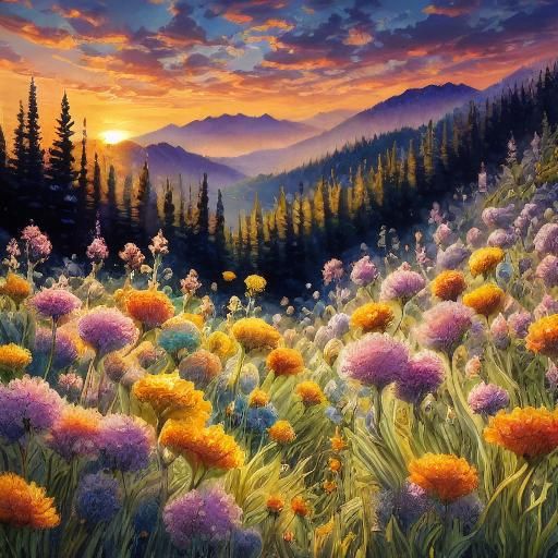 Whimsical Cats Play in a Meadow of Blooming Flowers