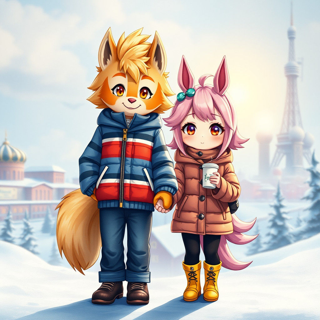 Chibi Boy and Girl in Cosmodrome Winter, Watercolor Style