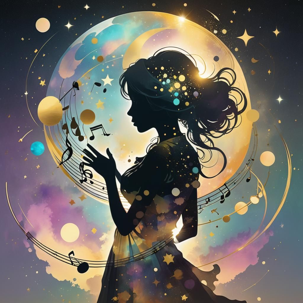 Golden Silhouette: Cosmic Girl Playing Music of Spheres
