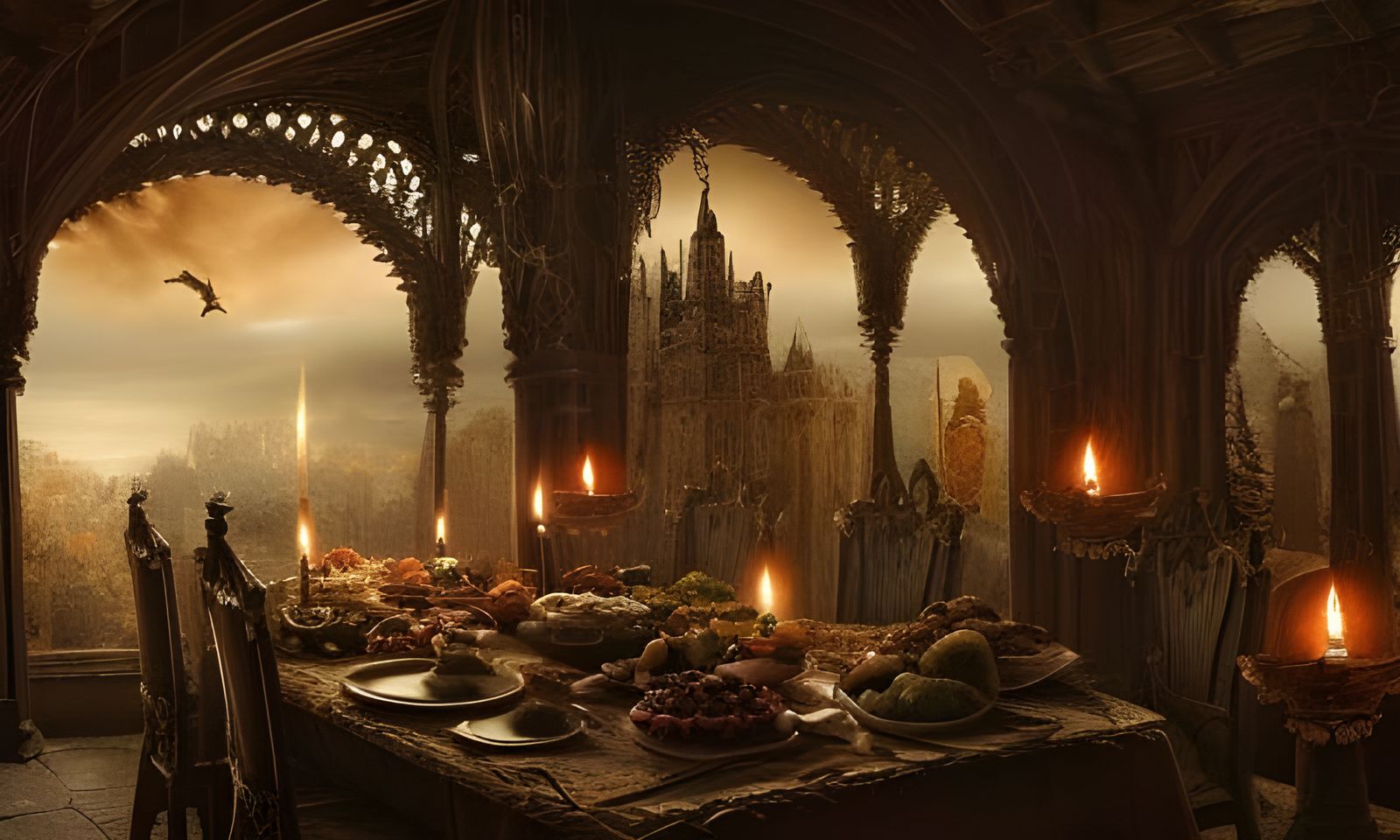 Dark Thanksgiving Feast in Secluded Castle: Digital Painting