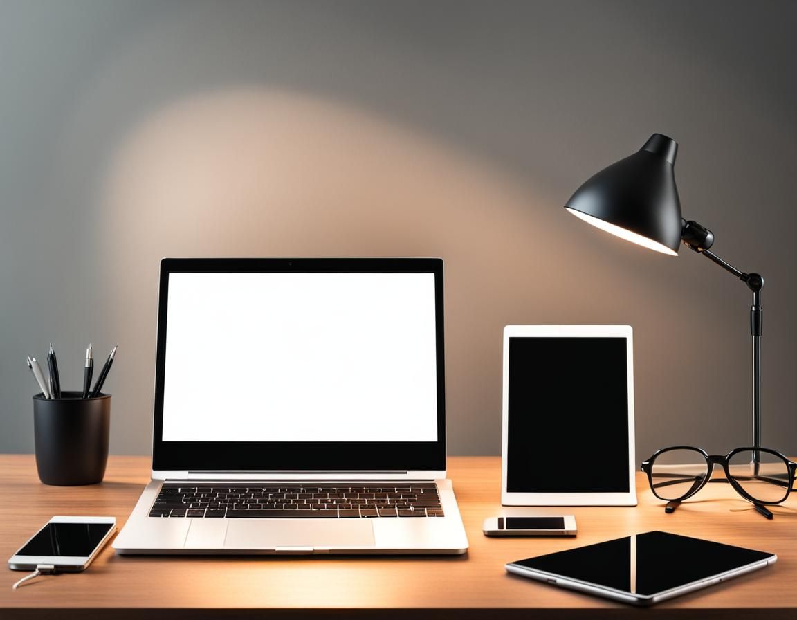 Sleek Workspace: Laptop, Phone, Lamp, and Glasses