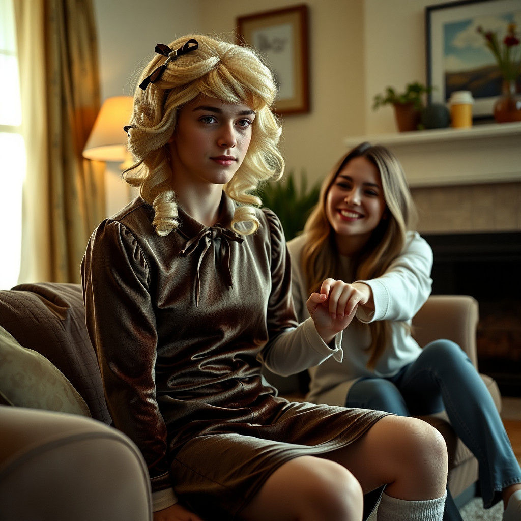 Crossdressing Teenager in Velvet Dress, Cinematic Style