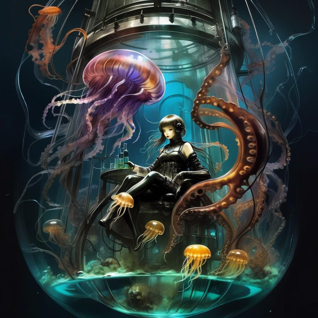 Biopunk Woman-Jellyfish Hybrid in Fantasy Lab