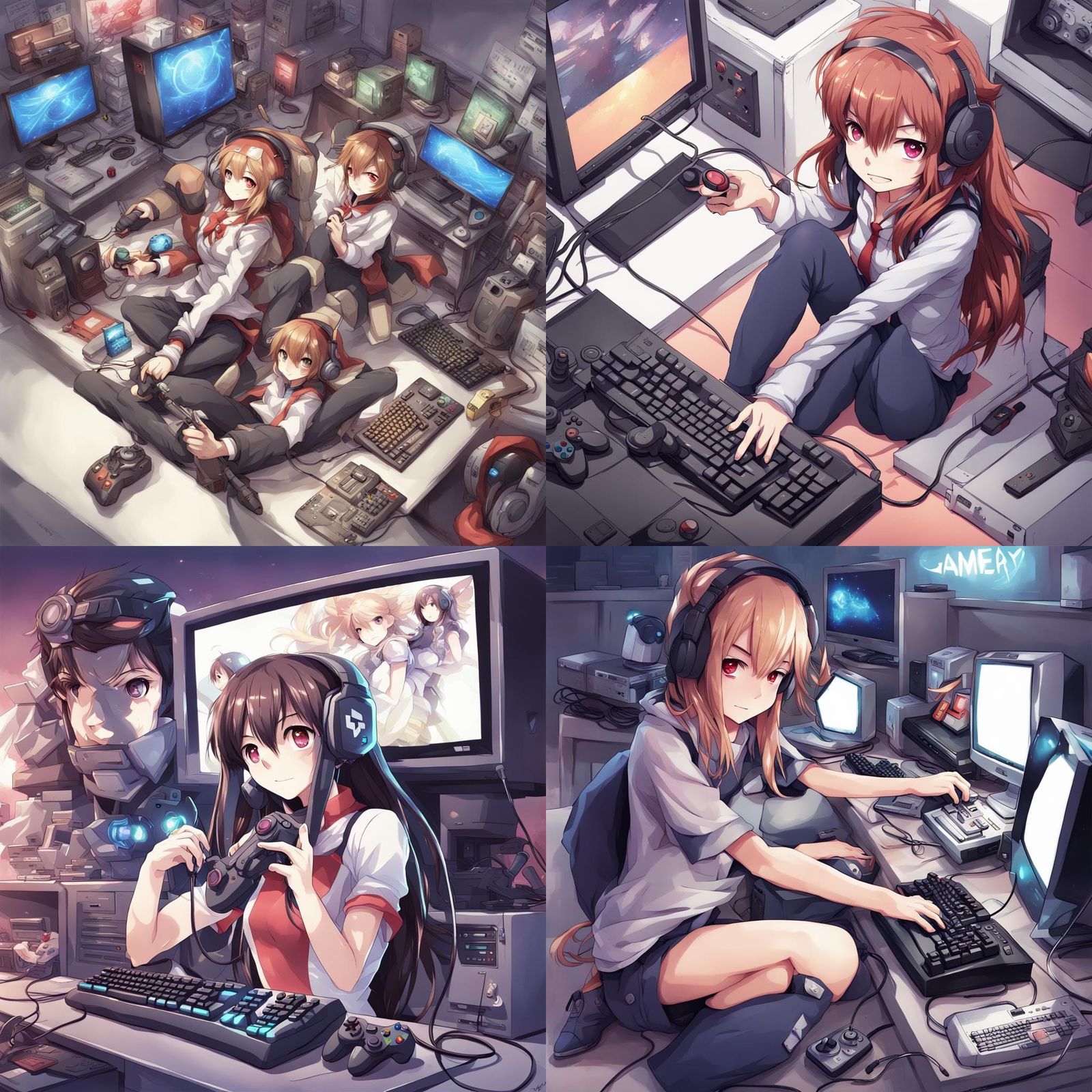 Gamer Playing Computer Game in Anime Style