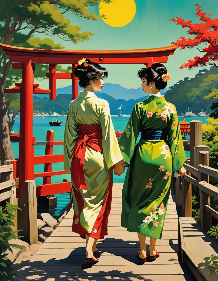 Art by Édouard Manet, inspired by lesbian pulp noir fiction paperback cover collage, summer time stroll along the pier w...