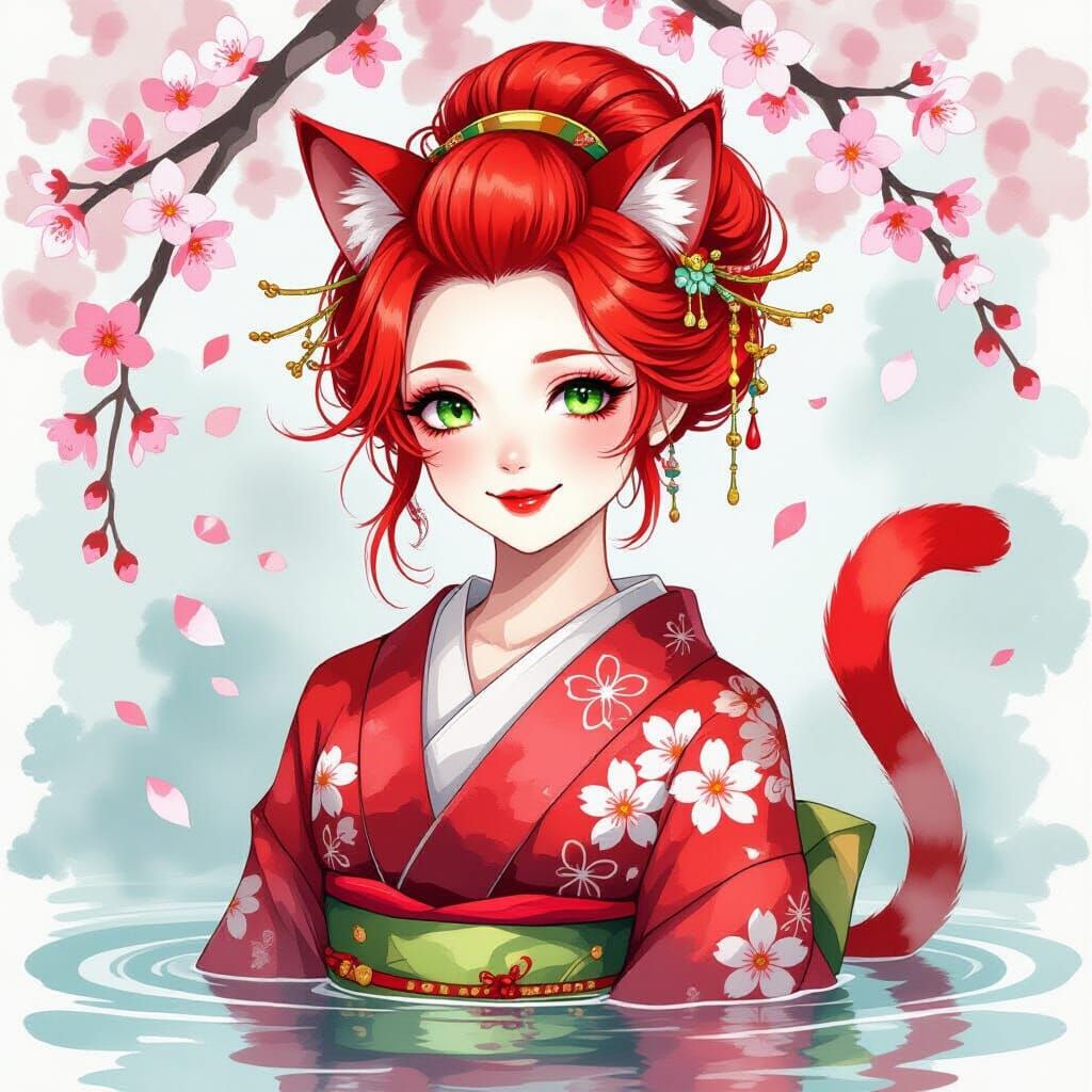 Geisha with Cat Features in Watercolor Style