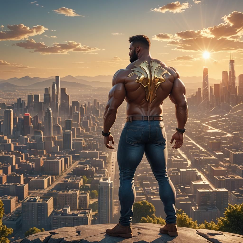Futuristic Cityscape with Muscular Man in Digital Art