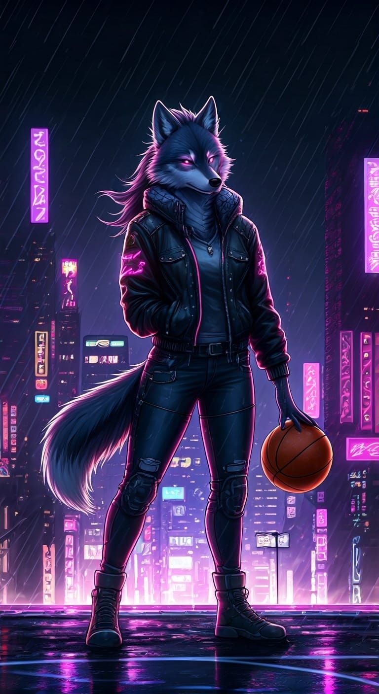 Cyberpunk Wolf Woman on Basketball Court