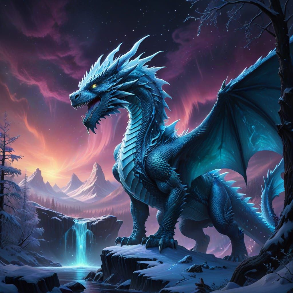Ice Dragon Guards Winter Valley in Digital Matte Painting