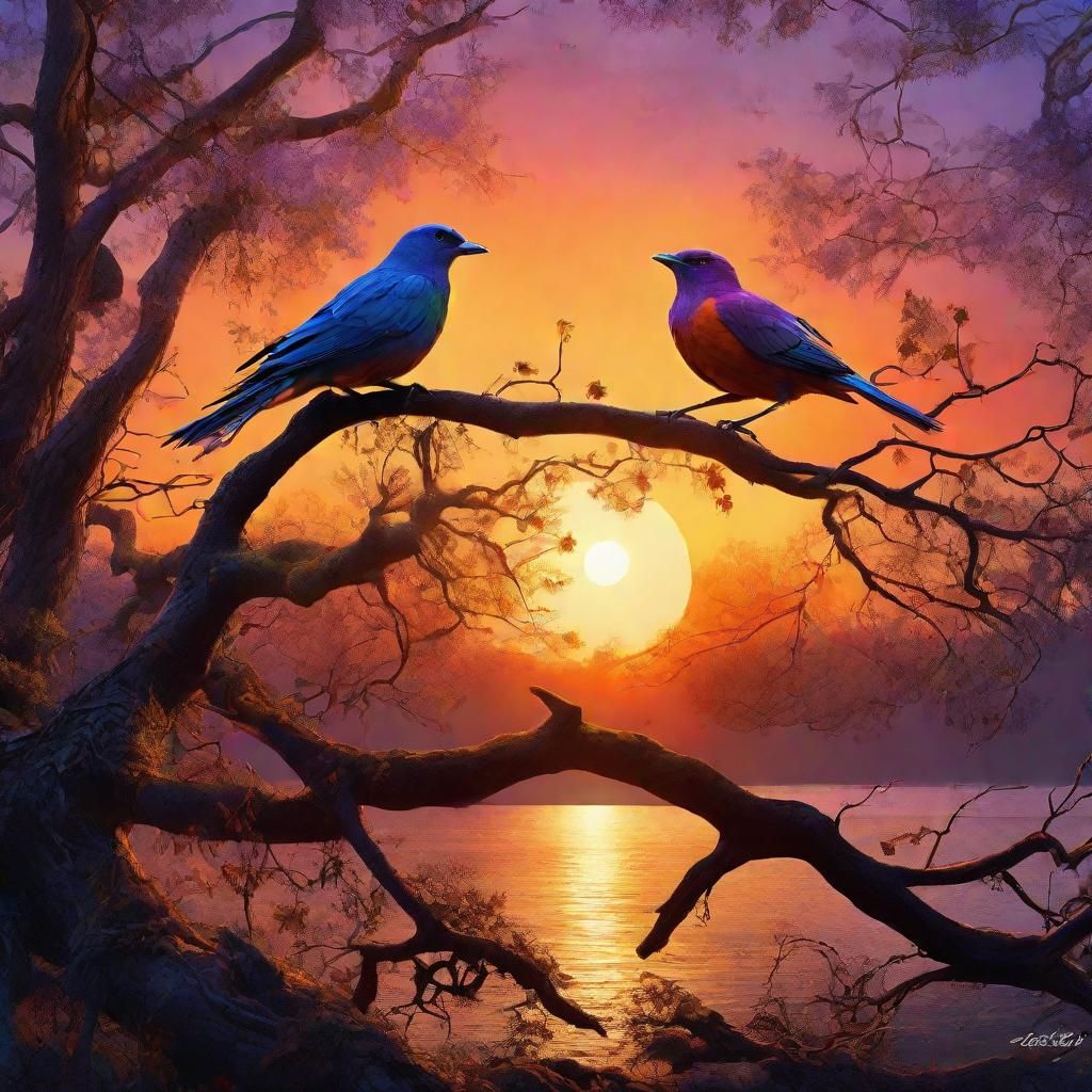 Birds Silhouetted at Sunset: Fantasy Concept Art