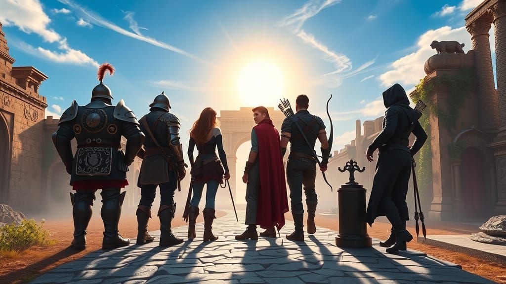 Adventurers Gaze Over Ancient Ruins Landscape