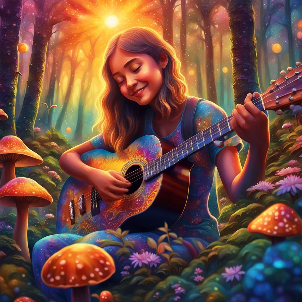 Girl Plays Guitar in Surreal Forest, Magical Realism