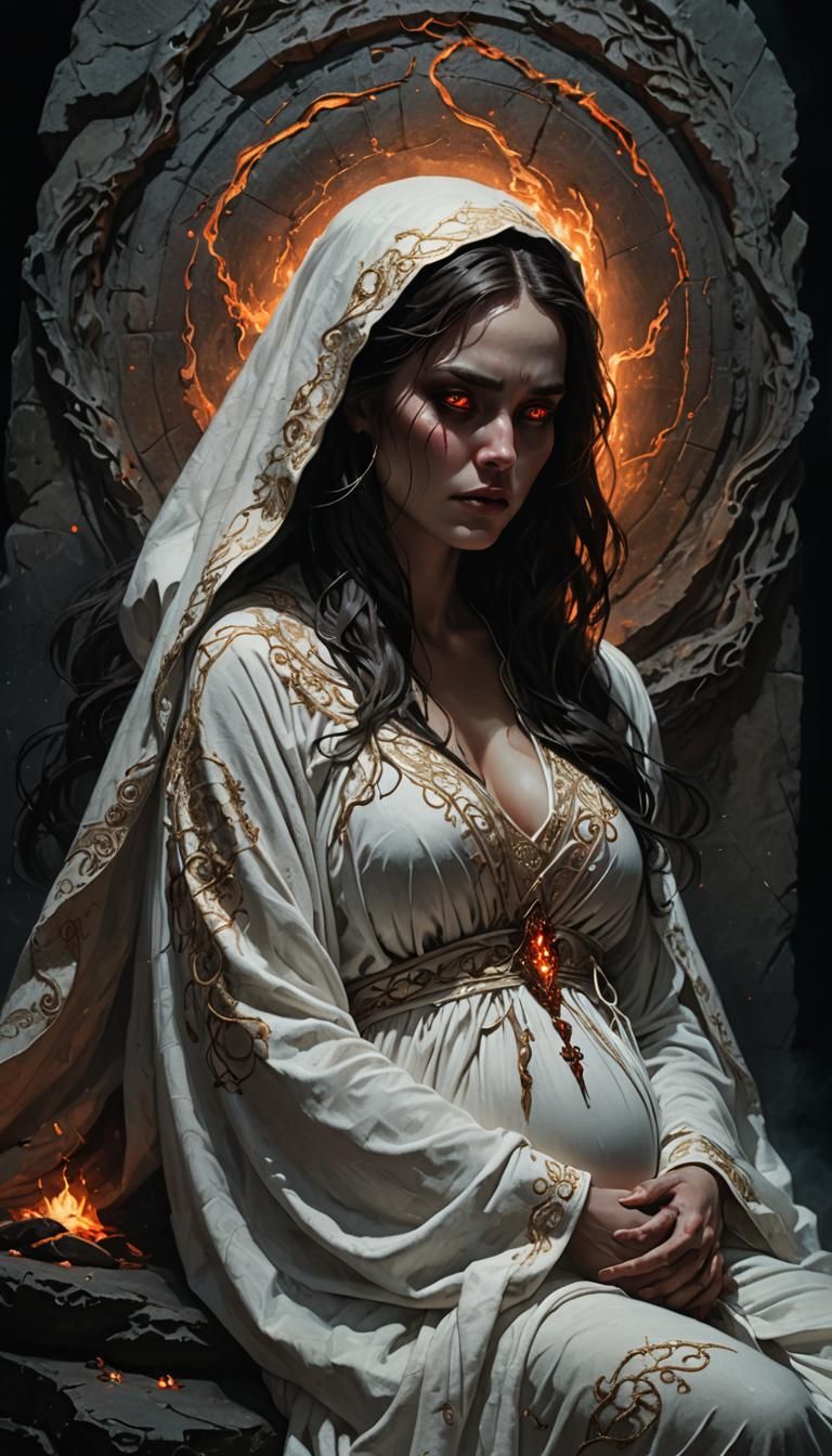 Pregnant Woman and Demonic Entity in Dark Fantasy Art