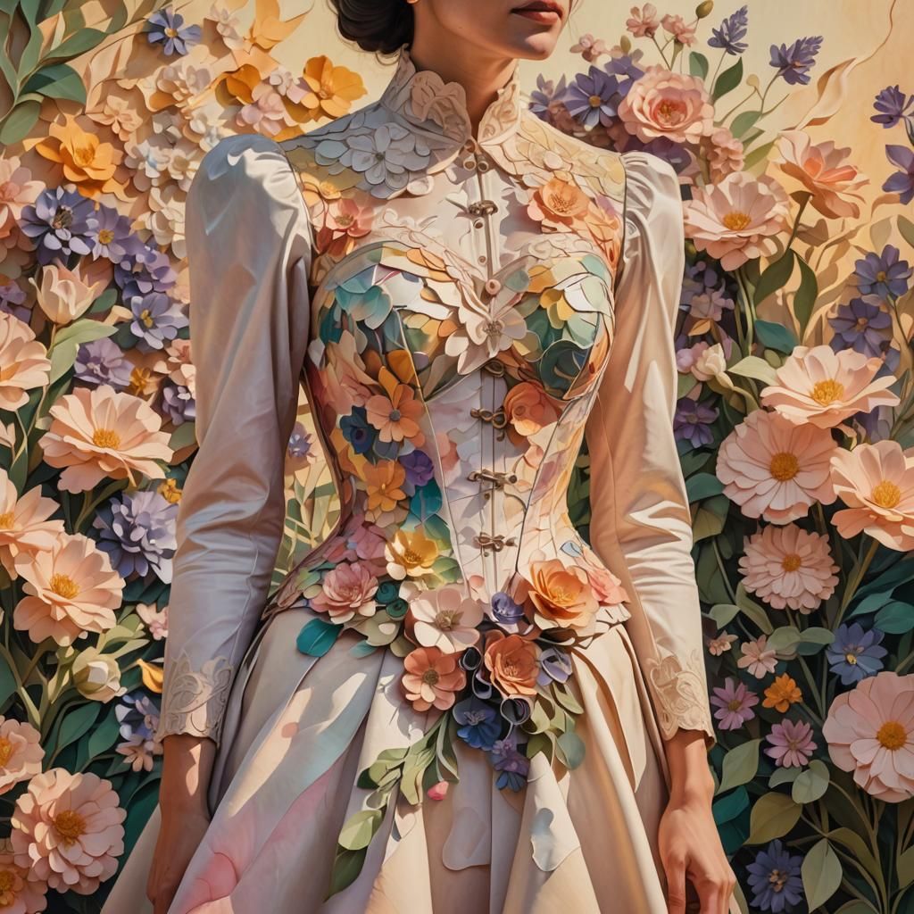 Woman in Floral Paper Dress: A Digital Masterpiece