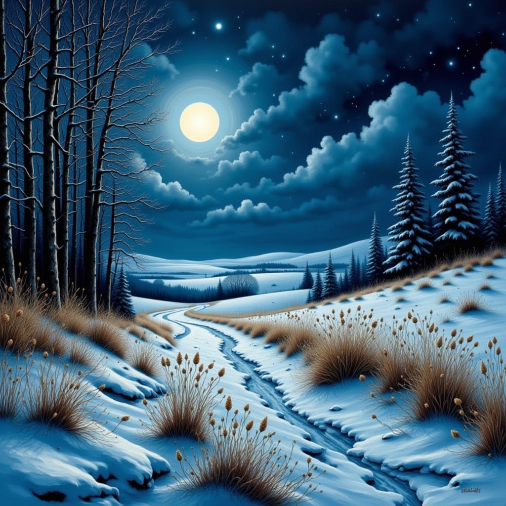 Prairie Highway at Night in Art Nouveau Style