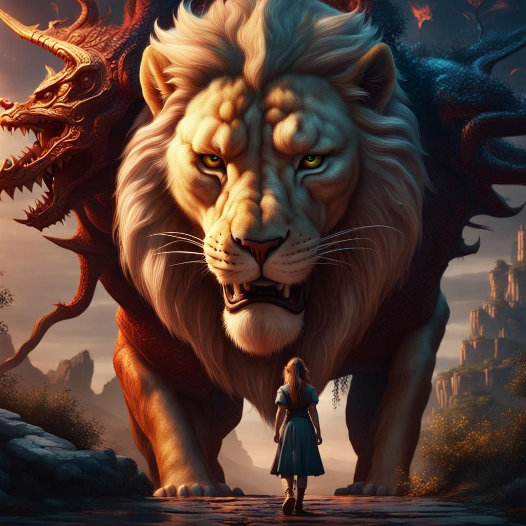 Girl, Lion, and Dragon Fantasy Concept Art