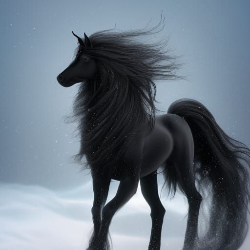 magical, mystical, black Friesian standing on a snowy knoll with the wind flowing through the mane and tail.