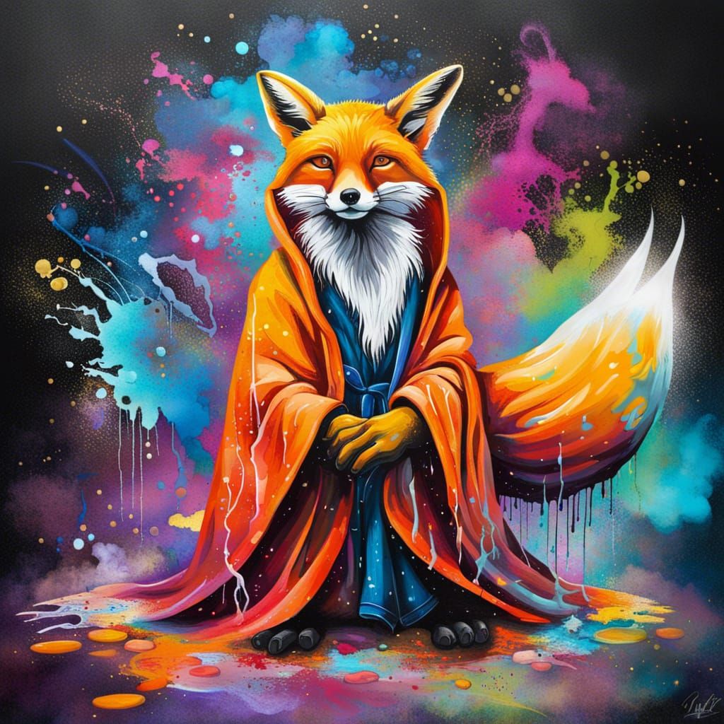 Wizard Fox Casting Spell in Graffiti Art Style