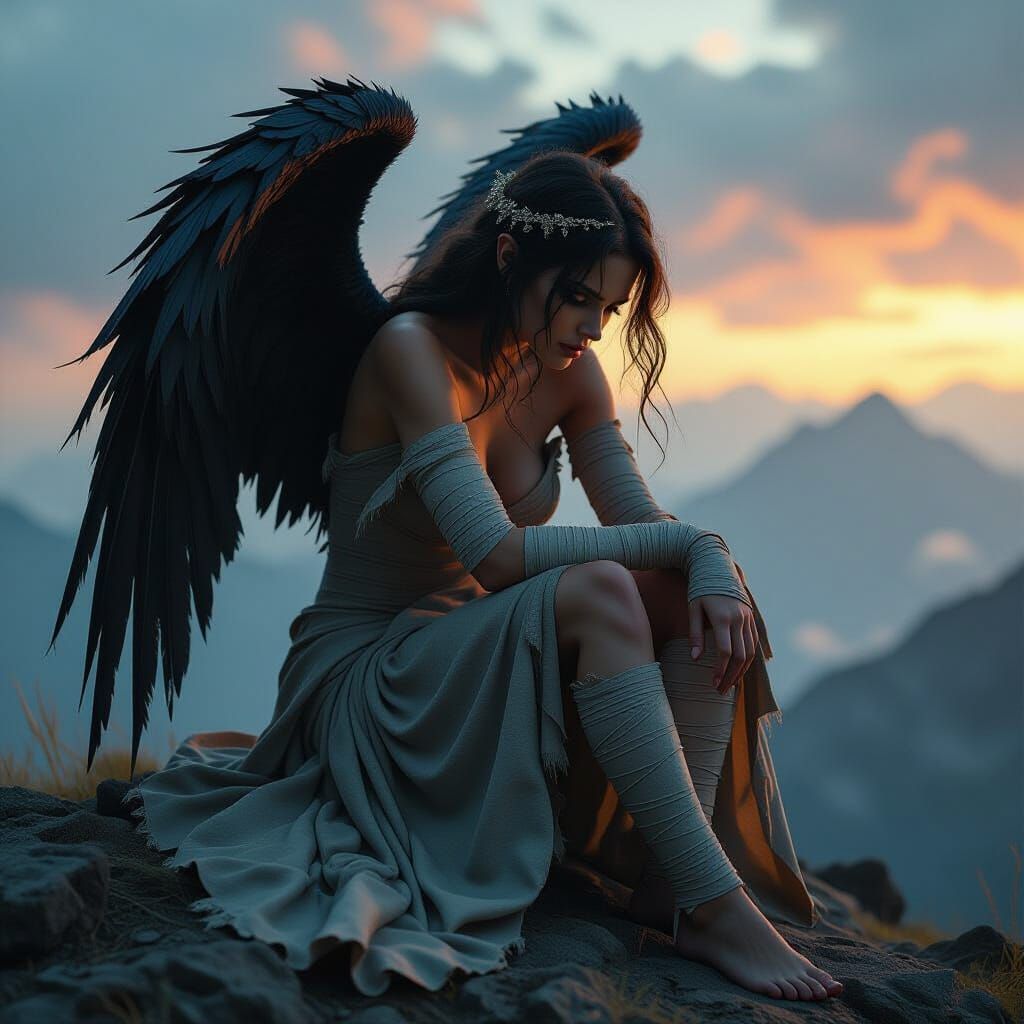 Fallen Angel on Apocalyptic Peak in Digital Art