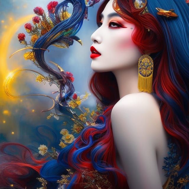 Dreaming Asian Witch in Hyperdetailed Illustration