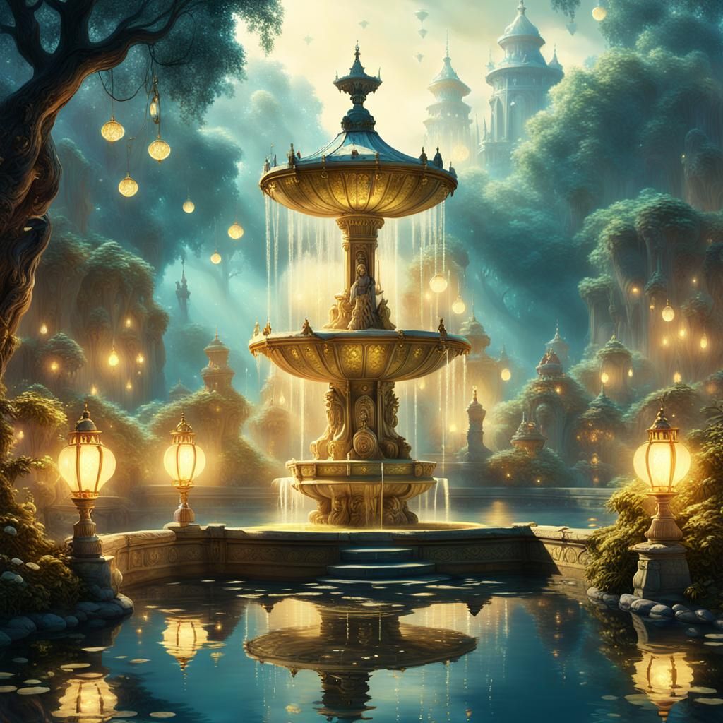 Majestic Fountain in Magical Garden, Fantasy Concept Art
