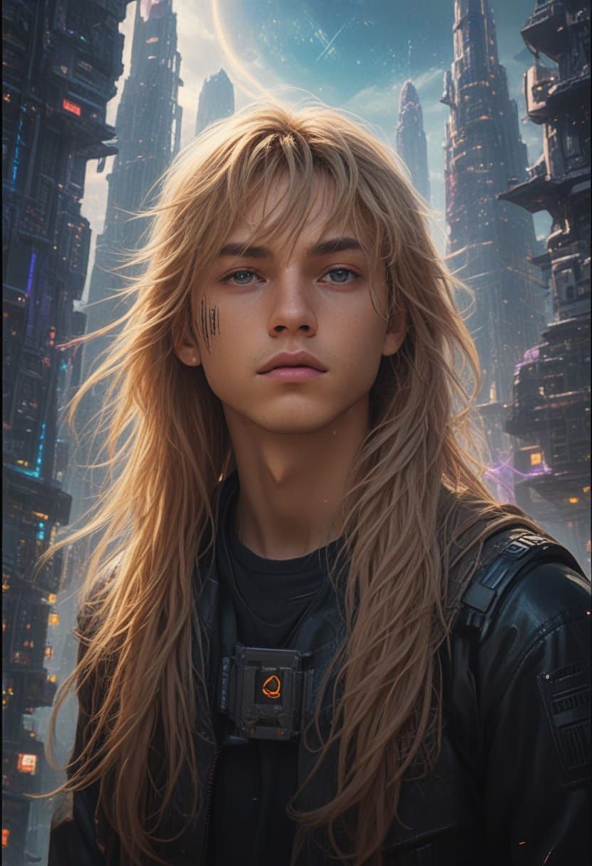 Teenager Exploring Sci-Fi City in Neon Style