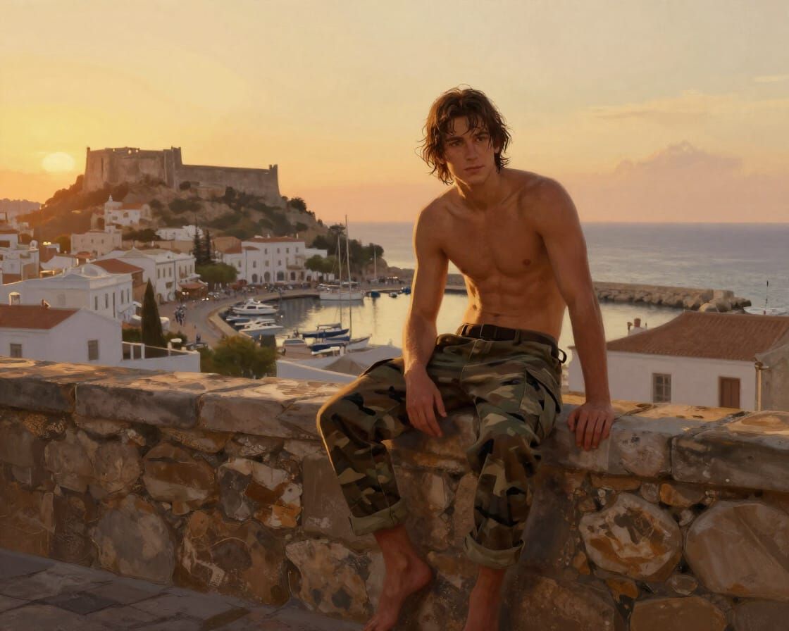 Man on Stone Wall at Sunset Overlooking Coastal Town