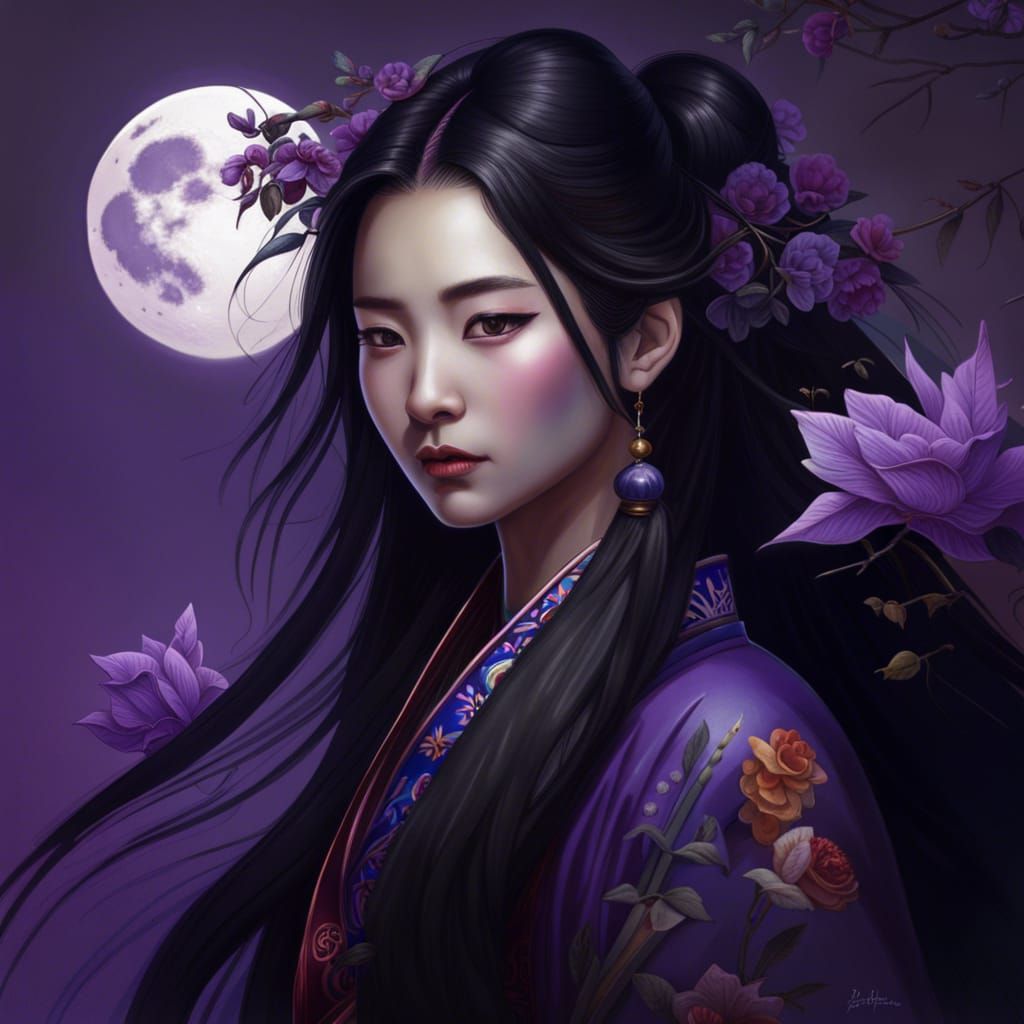 Chinese Woman in Traditional Dress with Purple Flower