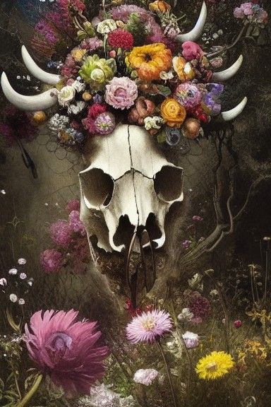 Surreal Bovine Skull with Flowers: A Digital Masterpiece