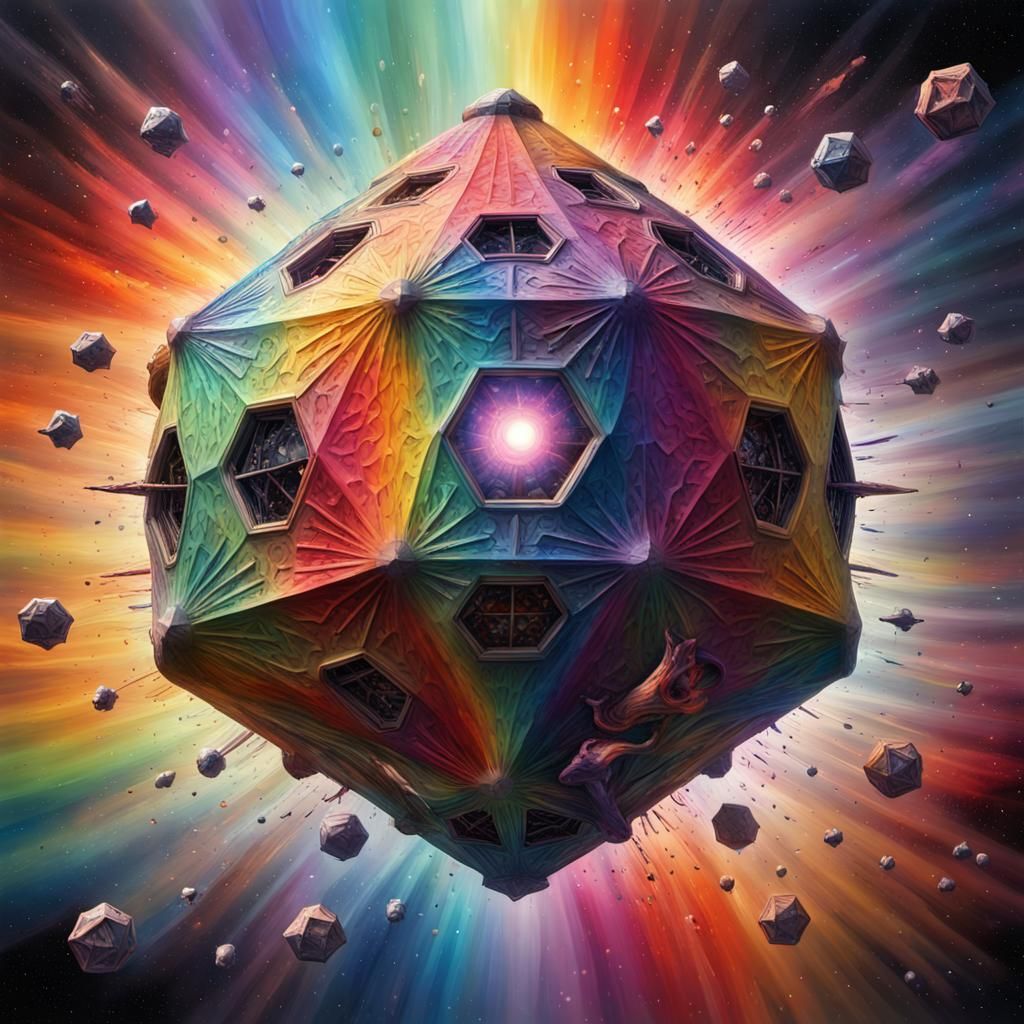 Rainbow Dodecahedron Spaceship in Gothic Impressionist Style