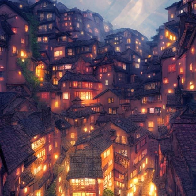 Picturesque Hillside Village in Film Noir Style