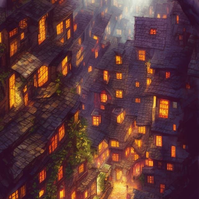 Vibrant Hillside Village, Digital Concept Art