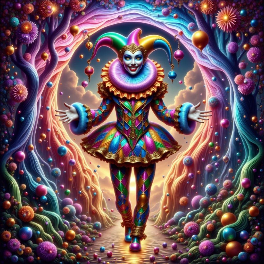 Mystical Jester Emerges from Whimsical Portal in Vibrant Won...