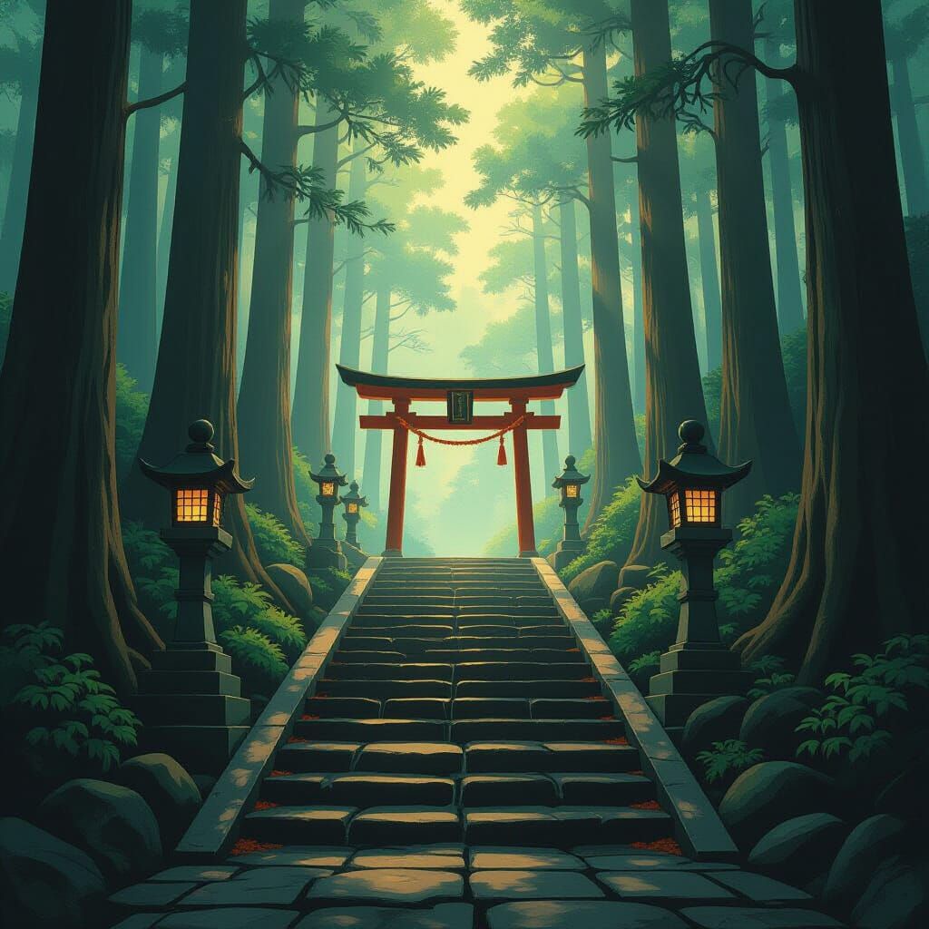Misty Forest Staircase Ascends to Torii Gate in Golden Light