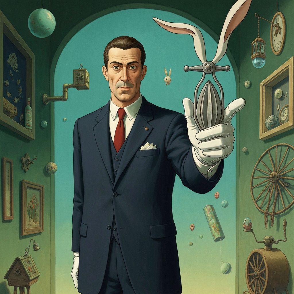 Mysterious Figure with Rabbit Squeezer in Surreal Dreamscape