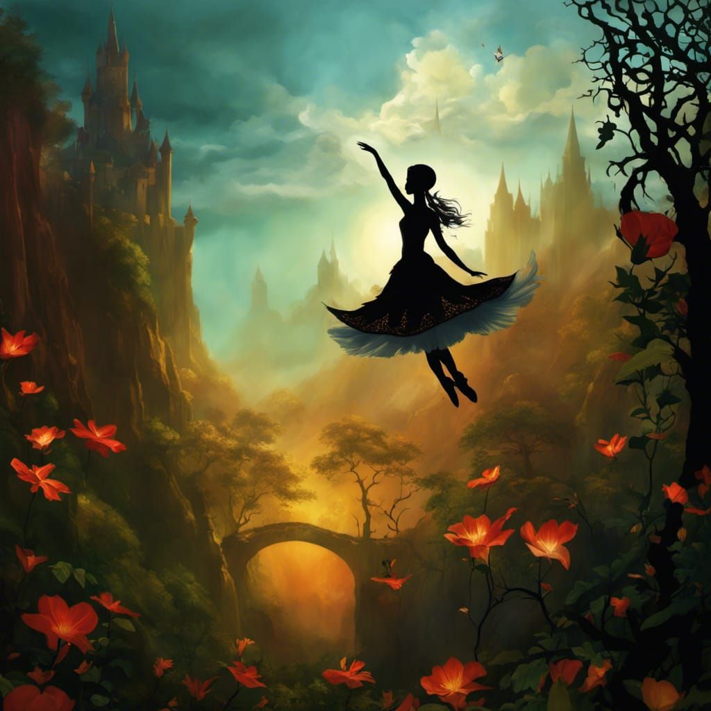 Warrior Ballerina Soaring Over Enchanted Forest