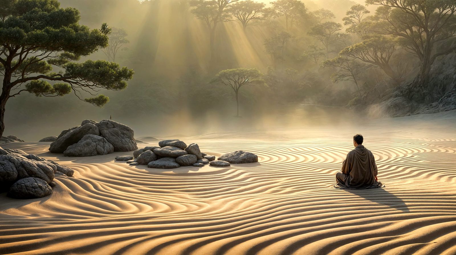Zen Garden Contemplation at Dawn in Ukiyo-e Style