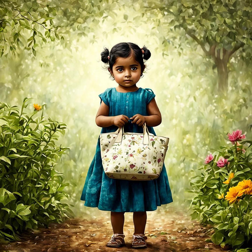 Cute Indian Girl with Bag in Garden