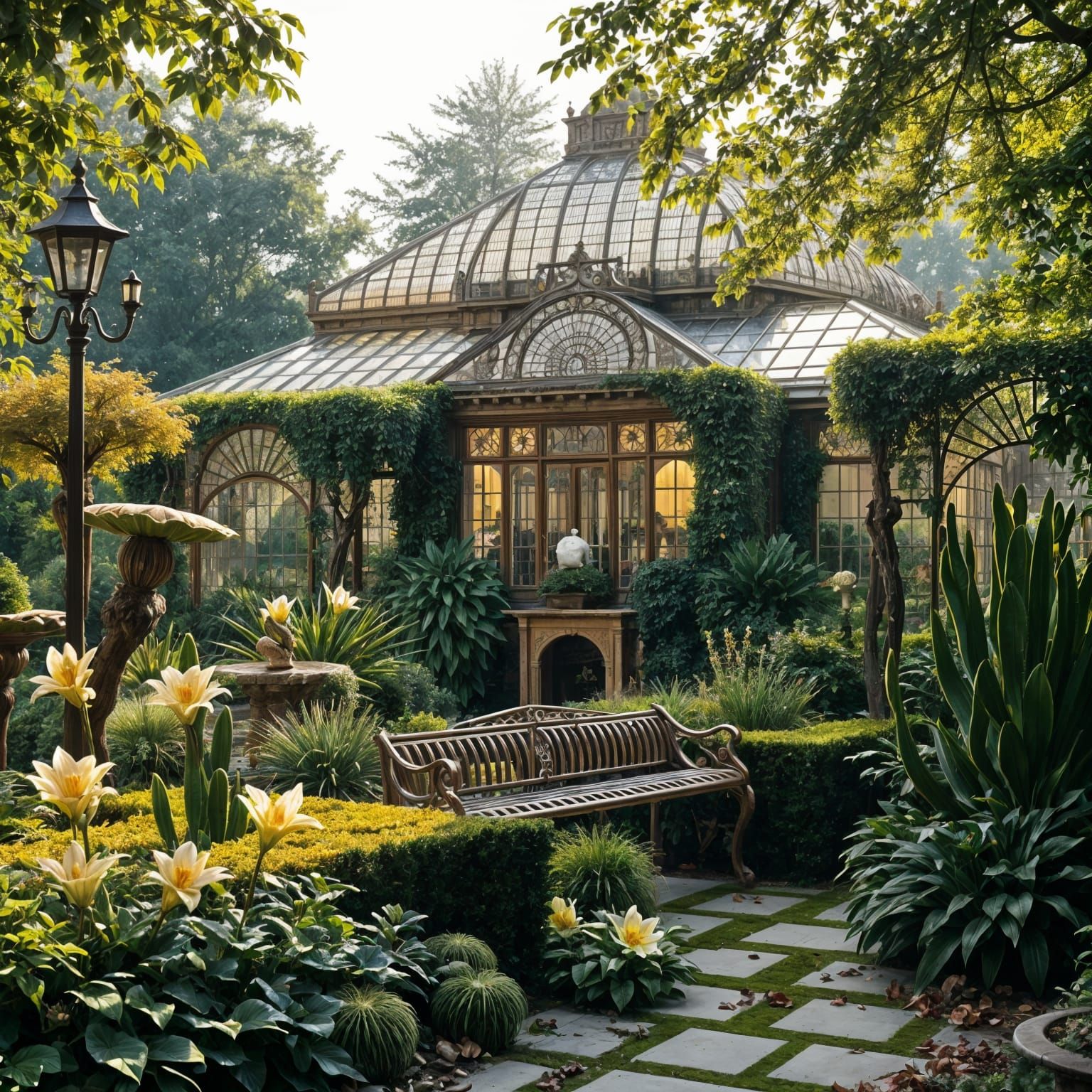 A vast and opulent Victorian-era botanical garden stretches endlessly, its grandeur accentuated by a rich palette of aut...