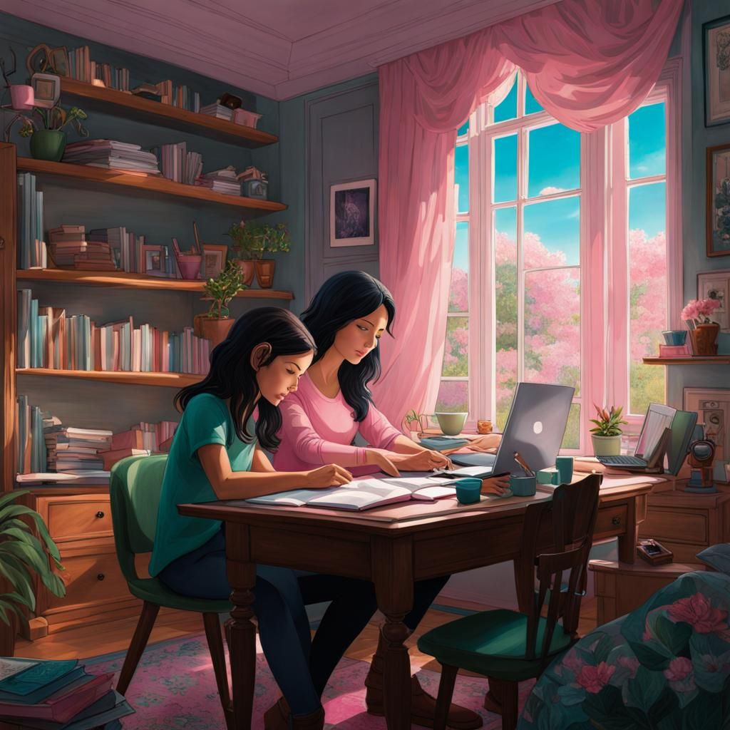Mother and Daughter Study in Colorful Room