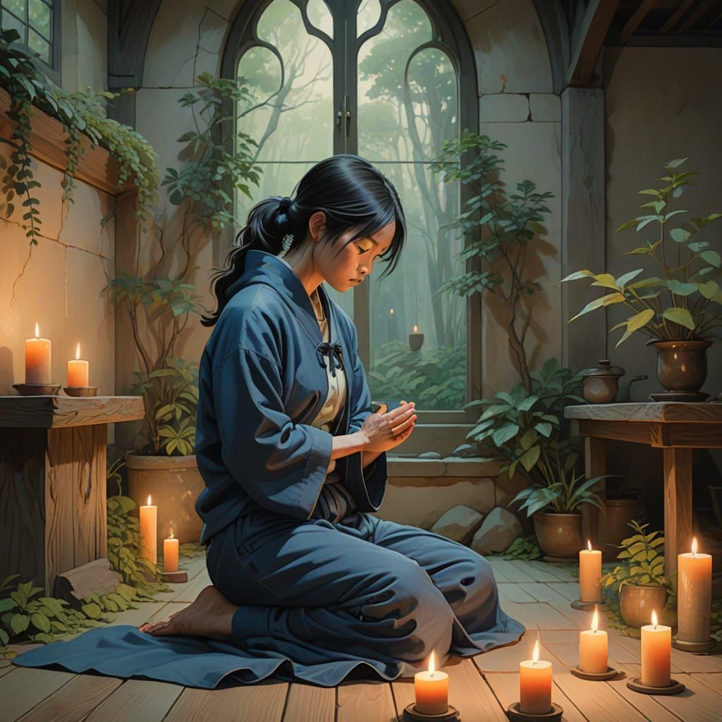 Serene Devout Woman in Candlelit Chapel
