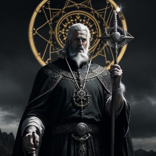 Hyperrealistic Merlin with Crosier in Atmospheric Lightning