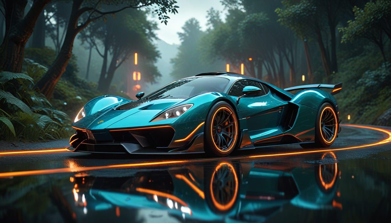 Neon Supercar Races Along Mountain Road